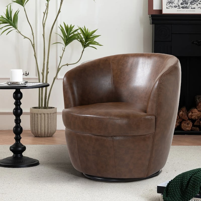 Faux Leather Swivel Barrel Accent Chair for Living Room