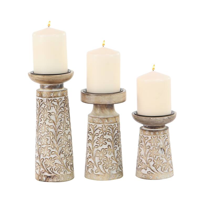 Mango Wood Floral Handmade Carved Pillar Candle Holder with Cream Accents - Set of 3 Brown - Roche River Decor