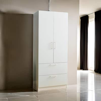 Rema 2 Door Standing Closet with 2 Drawers, Chrome Hanging Bars, White Wood
