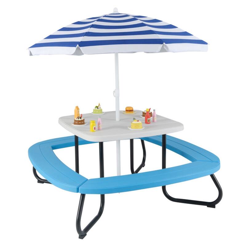 Kids Outdoor Picnic Table with Adjustable Umbrella and Benches Metal Frame and Weather-Resistant Surface - 49" × 49" × 39"-63" - Blue-White