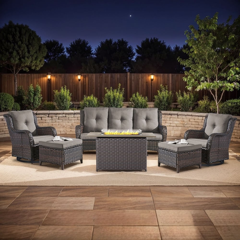 Gymojoy 6-Piece Outdoor Furniture Sofa Set with 2 Swivel Chairs, 2 Ottomans & 55K BTU Fire Pit Table