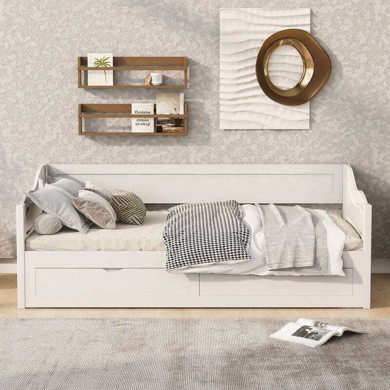 Wooden Daybed with Trundle Bed and Two Storage Drawers - White