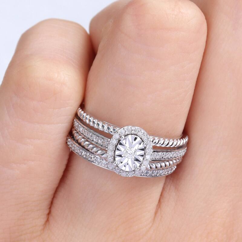 Miadora 1/3ct TDW Diamond Oval Halo Bridal Ring Set in Sterling Silver