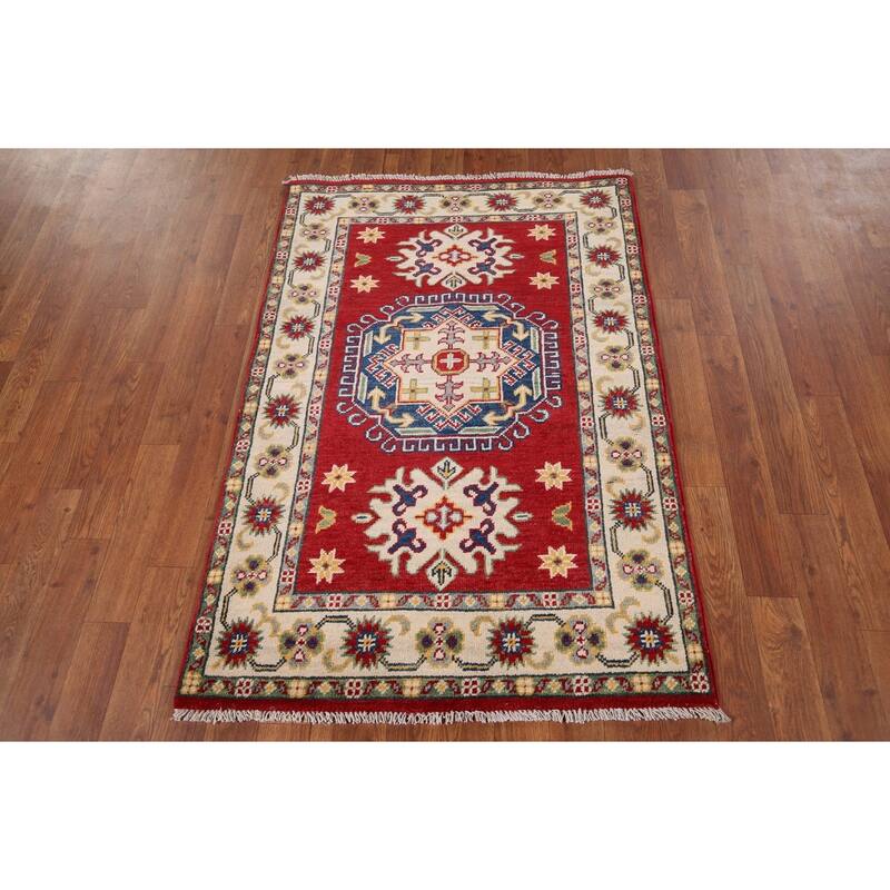 Red Geometric Kazak Foyer Rug Handmade Wool Carpet - 2'10" x 4'1"