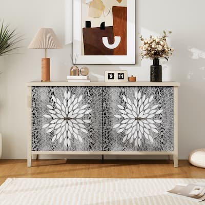 4 Door Carved Storage Cabinet, Multifunctional Wooden Sideboard Cabinet, Accent Cabinet with Adjustable Shelves & Support Feet