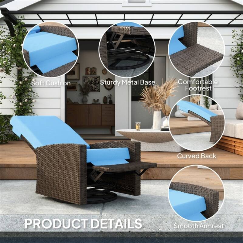 Steel PE Rattan Swivel Outdoor Recliner Chair 360 Degree Swiveling Base - 26.4" W x 37.4" D x 37" H