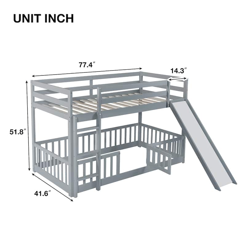 Twin Over Twin Floor Bunk Bed with Slide and Convertible 3-Way Design Safety Door & Guardrails (250lb Capacity)