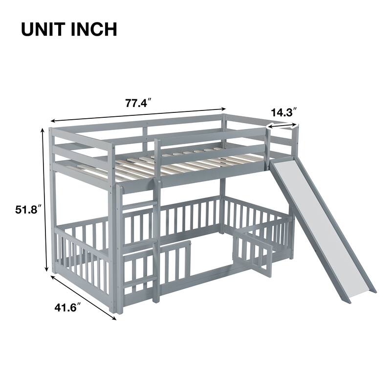 Twin Over Twin Low Pine Wood Bunk Bed with Guardrails, Slide and Ladder for Kids, No Slats Toddler Floor Bed with Fence and Door