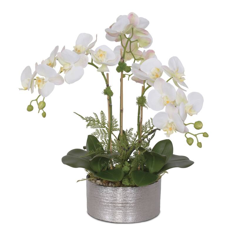 Real Touch White, Pink Green Orchid Arrangement in Round Silver Ceramic Pot - 18W x 18D x 18H