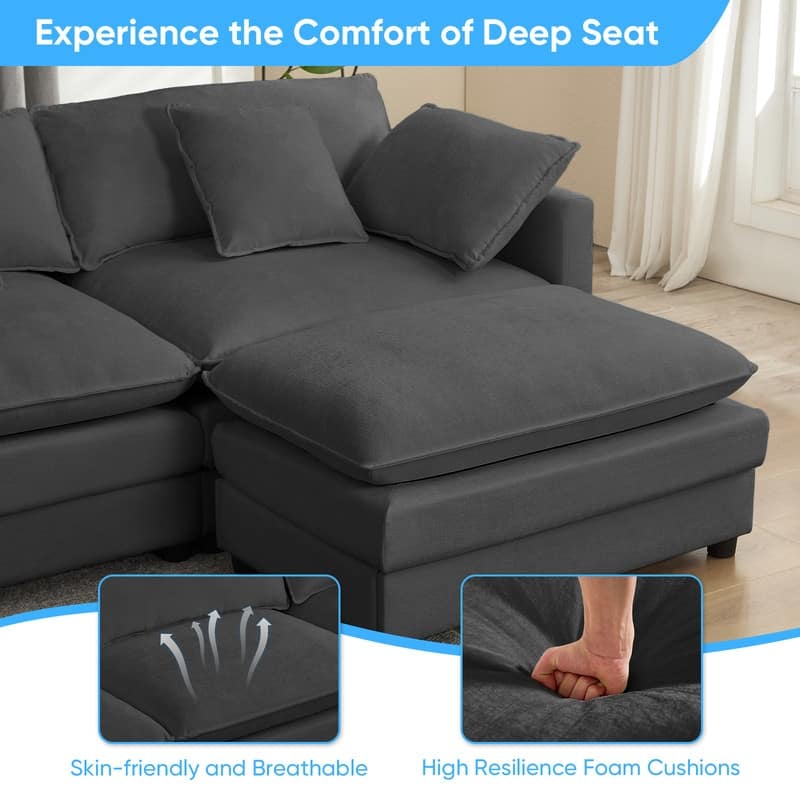 Mixoy 113''L-Shaped Modular Sectional Sofa,Modern Chenille 4-Seater Cloud Couch with Ottoman and Thickened Cushion