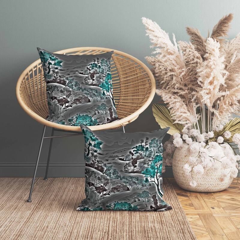 Leaf Magic Stories Indoor/Outdoor Reversible Throw Pillow Grey and Turquoise