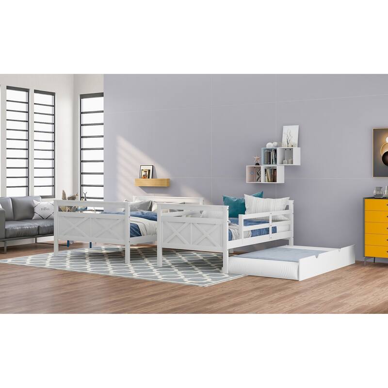 Twin over Full Bunk Bed with Ladder, Twin Size Trundle, Safety Guardrail with Headboard & Footboard