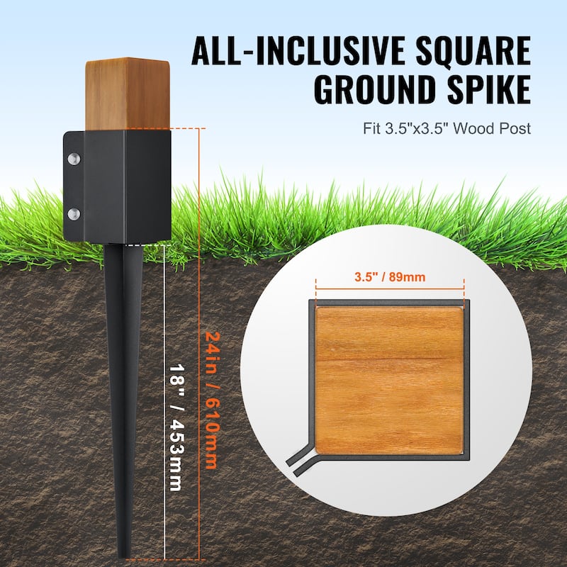 Fence Post Anchor Ground Spike, Outer Diameter (Inner Diameter 3.5 x3.5 Inches), Metal Black Powder Coated Post Stake Ground