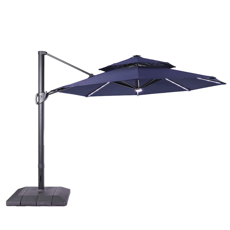 LIVOOSUN 11Ft LED Patio Hanging Double Top Octagon Cantilever Umbrella with 360-degree Rotating Canopy, Red