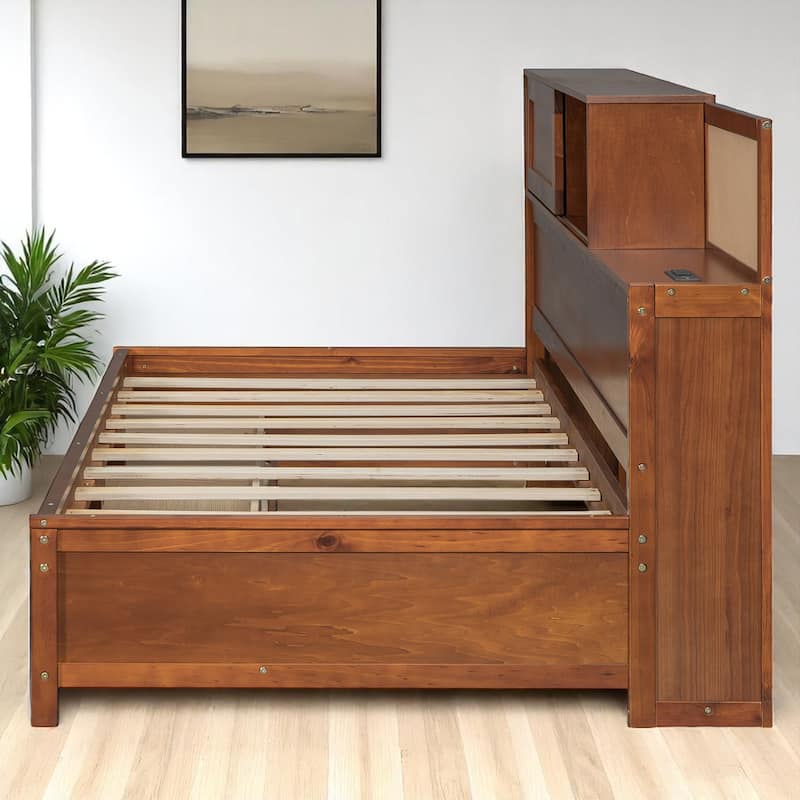 Wood Twin/Full Daybed Frame with Storage Drawers, USB Charging Ports, Shelf, and Headboard Organizer