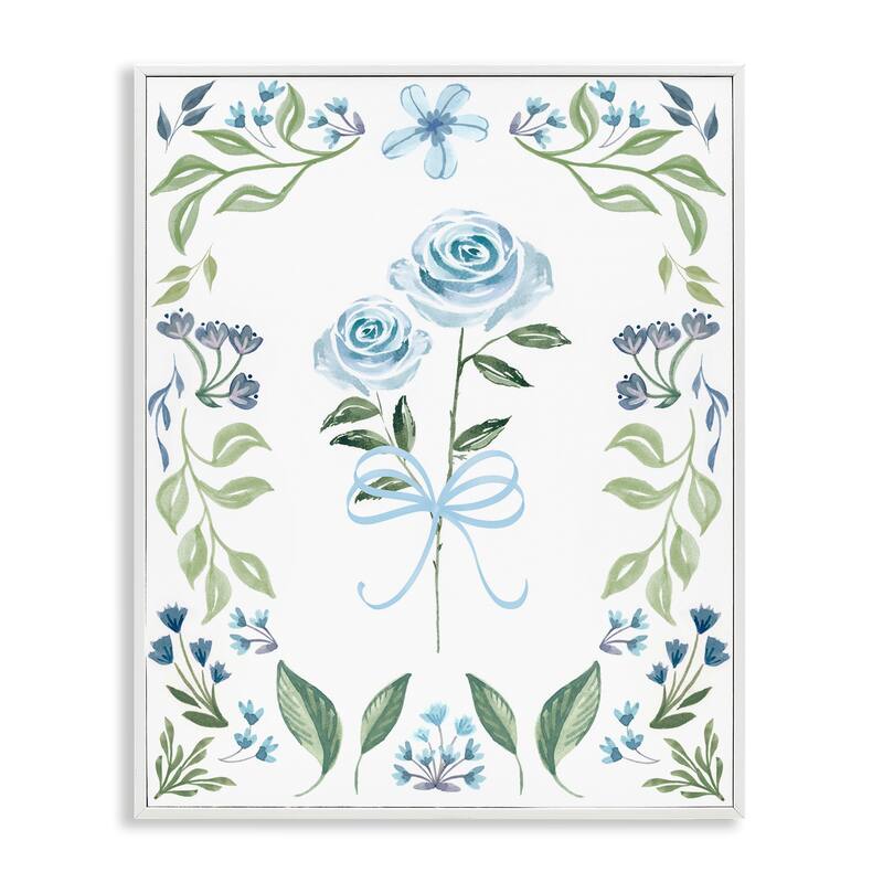 Stupell Blue Roses & Floral Border Framed Giclee Art Design By Kristen Brockmon - 24 x 30 - White