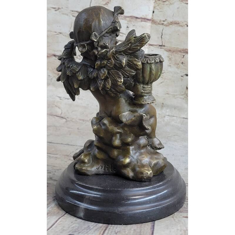 Handmade Cherub Holding Celebration Cup 8.5 Inches Bronze Candleholder Religious