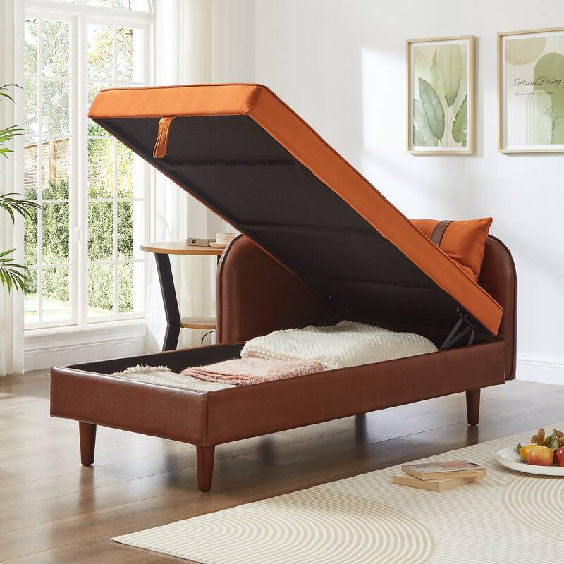65" Storage Chaise Lounge Sofa with PU and Velvet Upholstery, Modern Sleeper Sofa with Hidden Storage