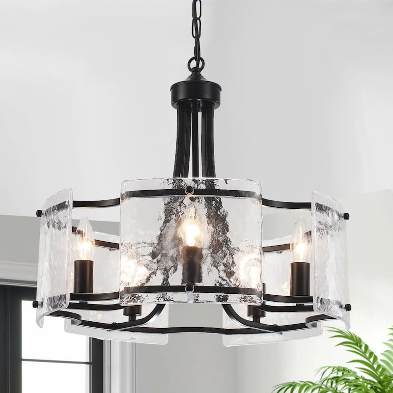 18.9inch modern simple design 5 light pendant with flower metal frame and water ripple glass decorative piece for multiple rooms - Black