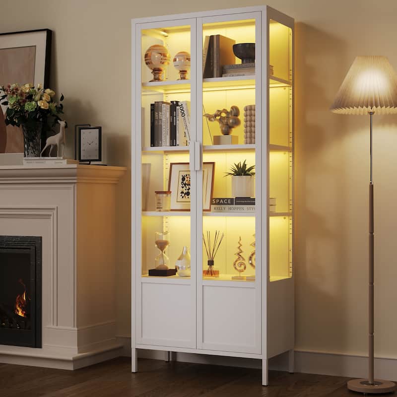 5-Tier Tempered Glass Curio Display Cabinet with Adjustable Shelves and 13 Color Lights - 66.9"H x 27.6"W x 13.8"D