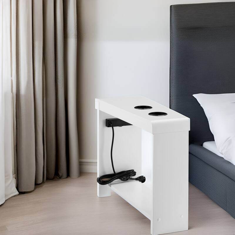 Narrow End Table with Charging Station - Side Table Nightstand with Storage, 2 Power Outlets & 2 USB Ports