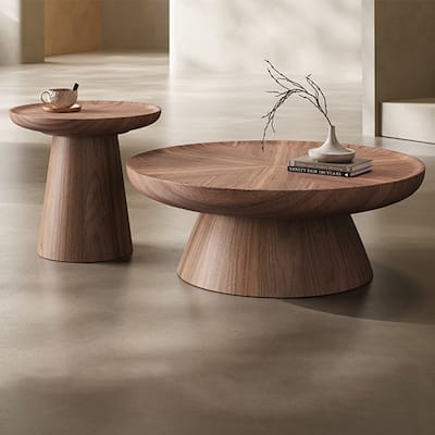 Coffee Table Set of 2, Brown, Solid Wood Texture