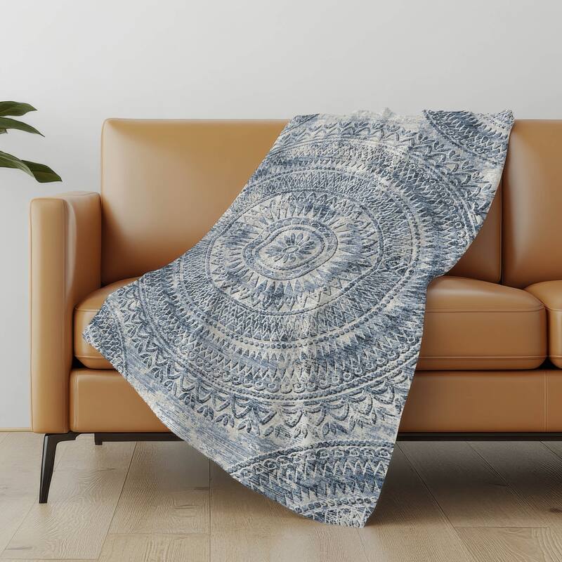 Premium Machine Washable ASB113 Global Medallion Sherpa Throw Blanket - Blue - 4'2" x 5'10"