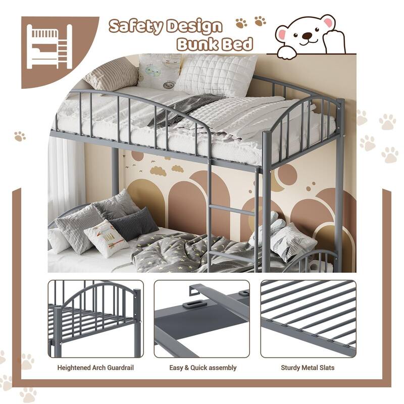 Metal Bunk Bed Twin Over Twin, with Arched Guardrail and Safety Ladder