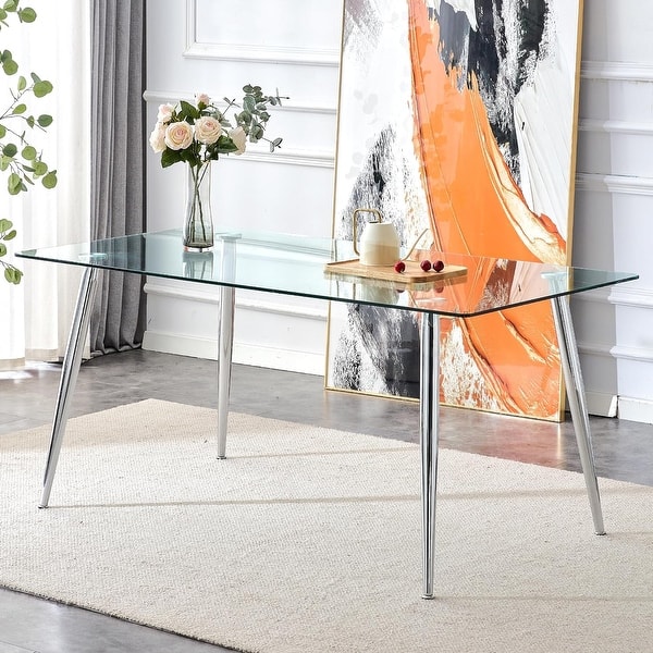 63 Inch Rectangular Tempered Glass Dining Table with 4 Black Metal Legs ...