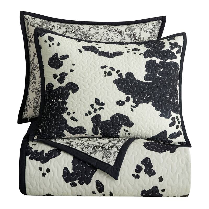 Indigo Hill by HiEnd Accents Clara Cow Print and Paisley 3 Piece Reversible Quilt Set, Cotton Rustic Farmhouse Western Bed Set