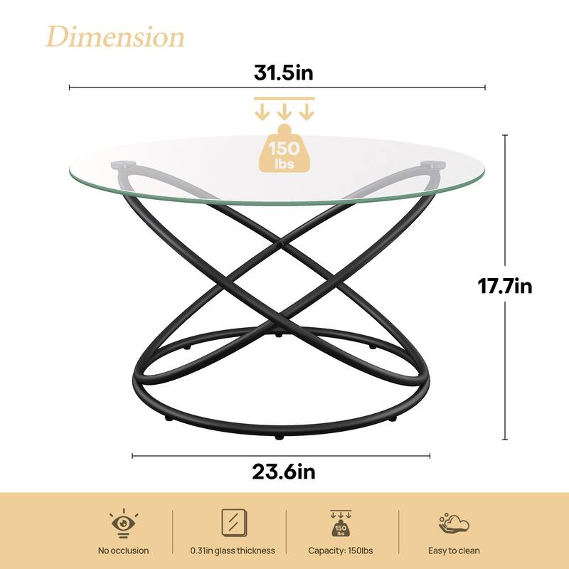 Tempered Glass Top Round Coffee Table with Metal Base