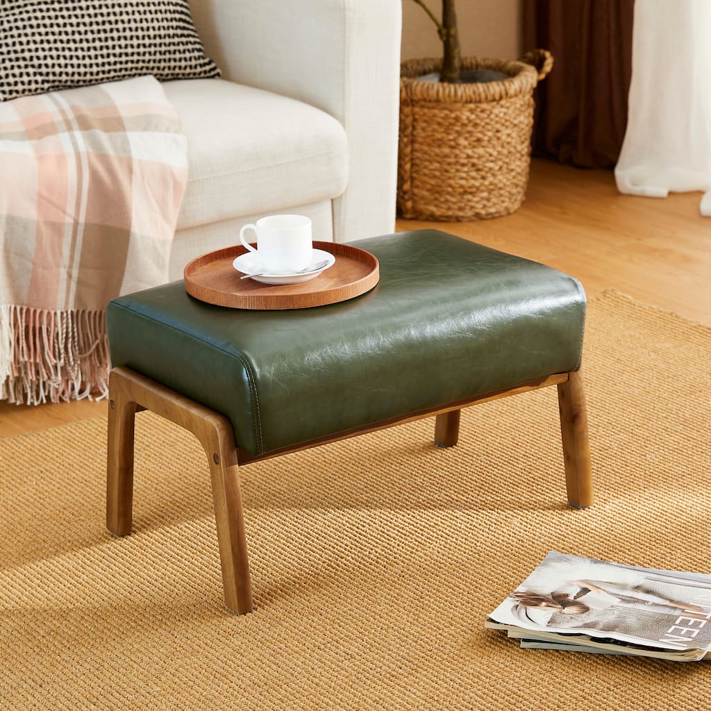 Glitzhome 24.5"W Leatherette Accent Stool With Walnut Rubberwood Legs