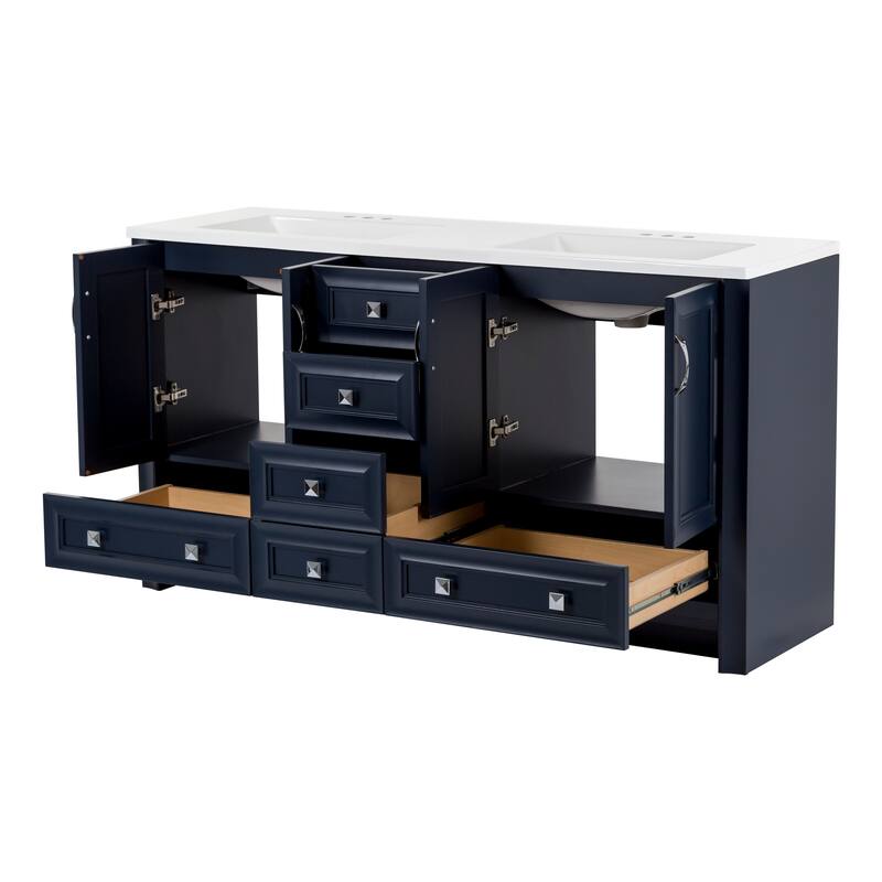 Spring Mill Cabinets Nimay 60.5" Double Bathroom Vanity With 5 Drawers, 2 Cabinets, and White Sink Top