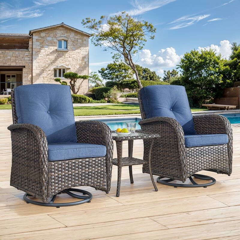 Gymojoy Patio Furniture Set Outdoor Wicker Swivel Glider Chairs Set - 3-Piece - Brown Wicker / Blue Cushion