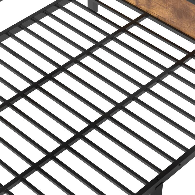 Woodgrain Accents Black Metal Bunk Bed Frame with Built-in Storage Shelves and LED Light Strip for Guest Rooms, Dorms