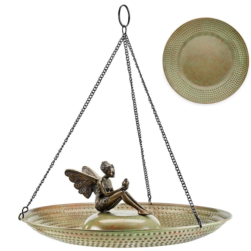 18" Hanging Blue Verde Copper Bird Bath with Fairy