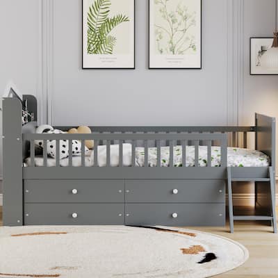 Twin Size Daybed with 4 Storage Drawers and House Headboard, Wooden Twin Size Platform Sofa Bed Frame with Fence and Ladder