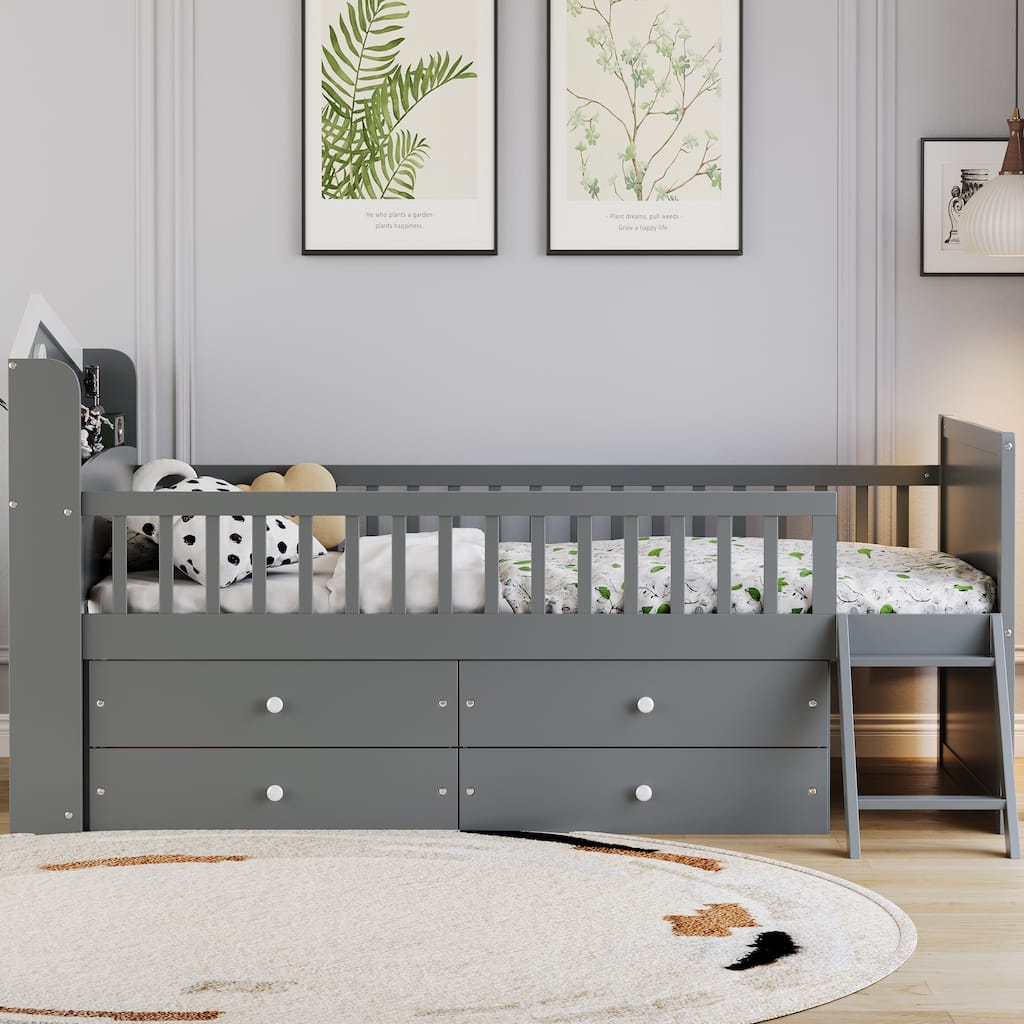 Twin Size Daybed with 4 Storage Drawers and House Headboard, Wooden Twin Size Platform Sofa Bed Frame with Fence and Ladder