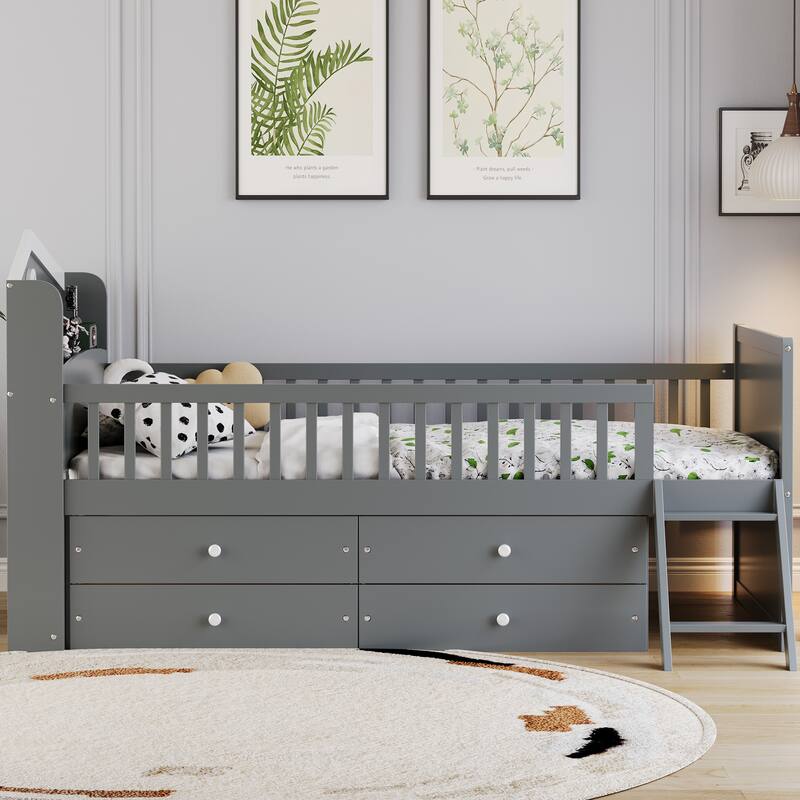 Twin Size Wooden Bed Frame with Storage Drawers, Guardrail, and Ladder for Kids, Easy Assembly, Gray