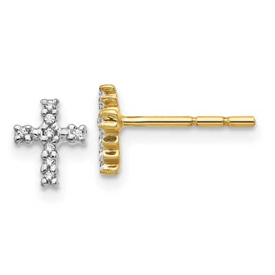 Curata 14k Yellow Gold and Top Surface Rhodium Plated Diamond Religious Faith Cross Post Earrings - 7x5mm Wide