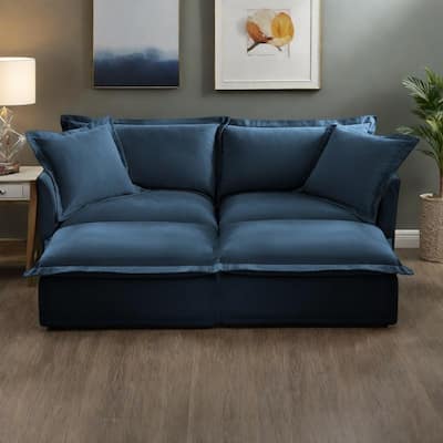 83.4" Chenille 2-Seater Sofa Set with 2 Ottomans, Sleeper Function & Removable Slipcovers