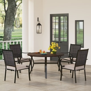 5-piece Patio Dining Set, 4 Rattan Chairs with Cushion and 1 Metal Table with Umbrella Hole