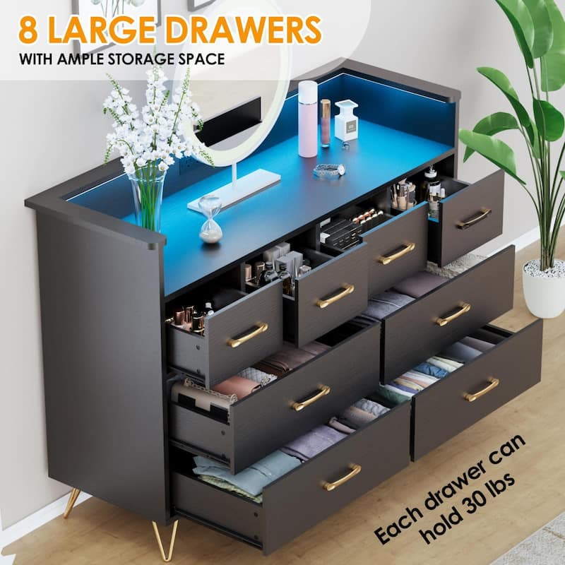 8 Drawer Dresser for Bedroom with LED Light, Charging Station & Open Shelf