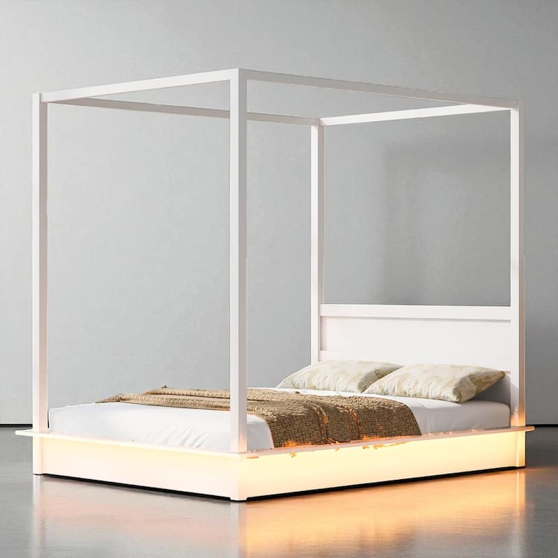 Queen/King White Wood Canopy Platform Bed with LED Lights and Slats, Modern Bedroom Frame No Box Spring Needed