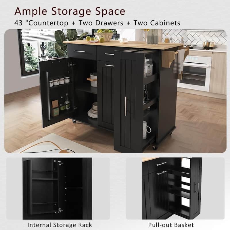 Kitchen Island with Drop Leaf and 3 Tier Pull Out Cabinet Organizer