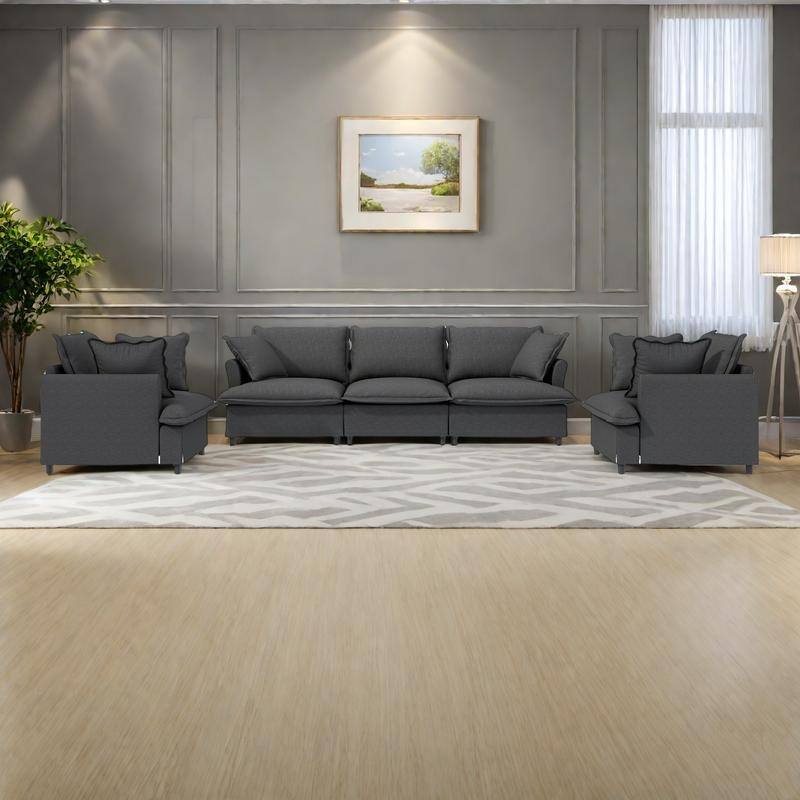 3-Pieces Chenille Modular 5-Seat Sofa Set with, 6 Throw Pillows and Pocket Spring Cushions (3-Seater + 2 Armchairs) - Gray