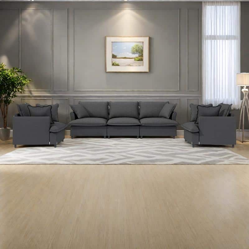 3-Pieces Chenille Modular 5-Seat Sofa Set with, 6 Throw Pillows and Pocket Spring Cushions (3-Seater + 2 Armchairs)