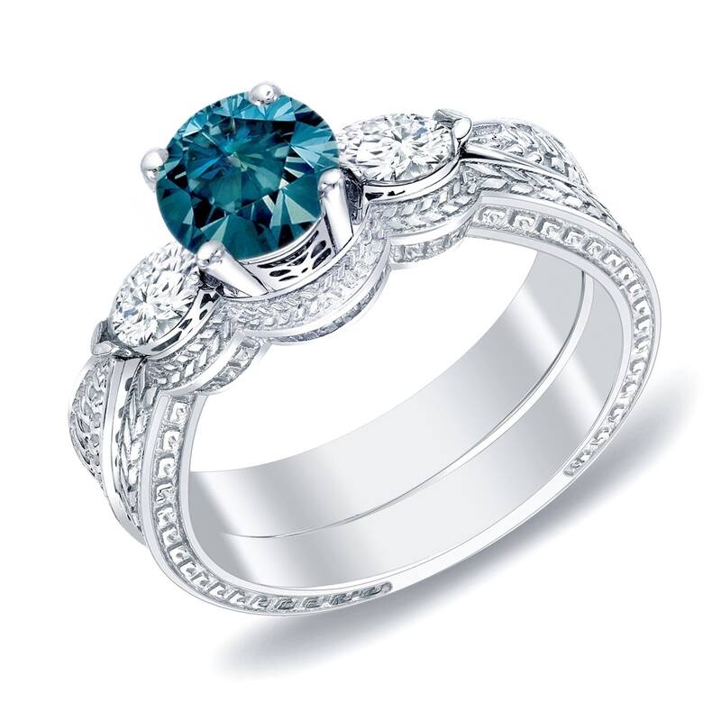 Auriya 14k Gold 4/5ctw Blue Diamond 3-stone Engagement Ring Set - White - 4