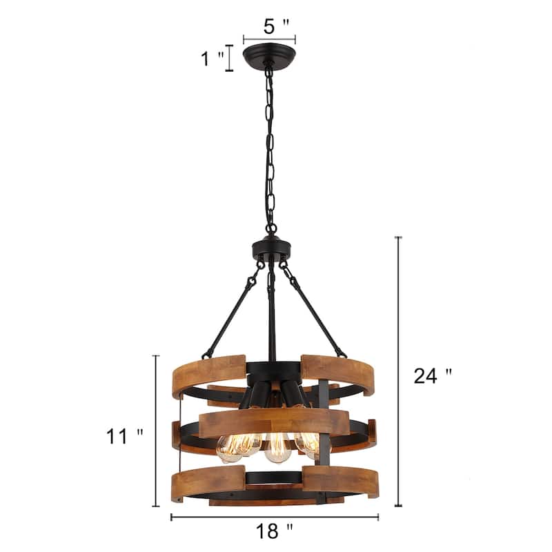 Modern Farmhouse 5-Light Drum Wood Chandelier Round Pendant Lights for Dining Room - 18" D x 24" H