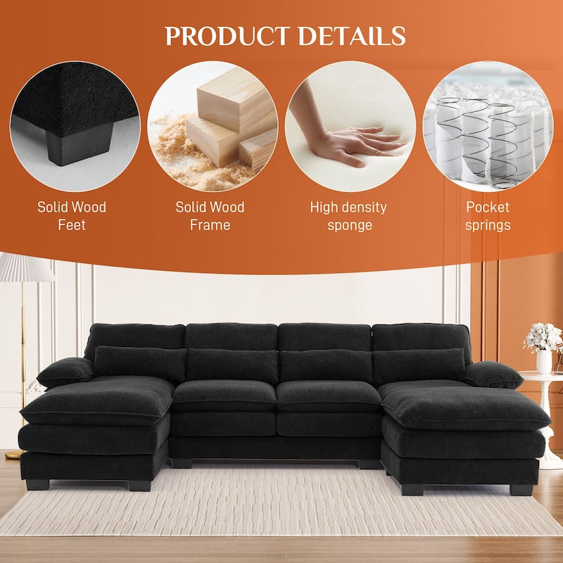 Ouyessir Soft Chenille Fabric U-shaped Sectional Sofa Set with Doudle Layer Cushion